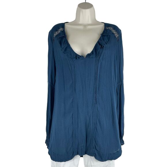 Free People Ruffle Peasant Tunic Top Teal Green Crochet Knit Size XS - Picture 1 of 8